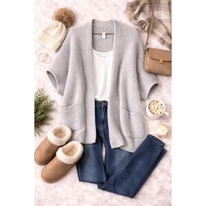 Aerie Women’s Chunky Knit Short Sleeve Open Front Cardigan Wool Blend Gray SZ M